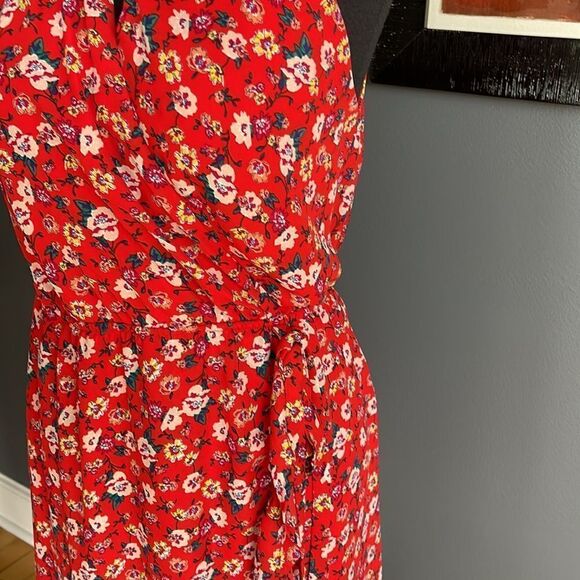 Harper Hertage red floral crepe split neckline wrap bodice ruffle skirt halter - Picture 4 of 9